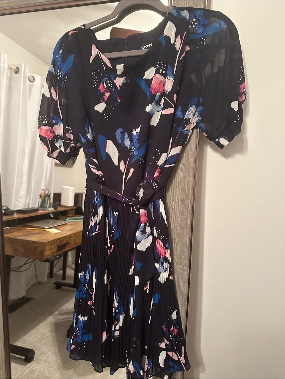 DKNY Navy Floral Pleated Short-Sleeve Dress